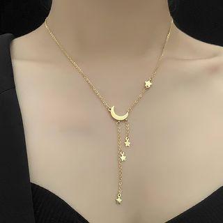 Stainless Steel Moon & Star Pendant Necklace Gold - One Size