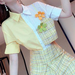 Set: Short-sleeve Paneled Shirt + Tweed Mini A-line Skirt