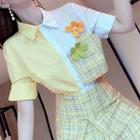 Set: Short-sleeve Paneled Shirt + Tweed Mini A-line Skirt
