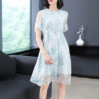 Floral Print Short-sleeve A-line Silk Dress