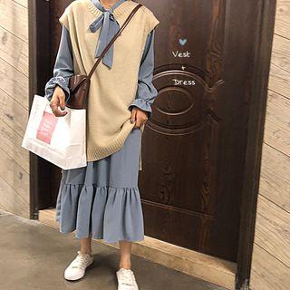 Long-sleeve Tie-neck Midi Chiffon Dress / Knit Vest