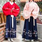 Floral Embroidered Long-sleeve Hanfu Top/ Maxi A-line Skirt/ Furry Hooded Cape/ Set