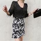 Long-sleeve Buttoned Top / Printed Pencil Skirt
