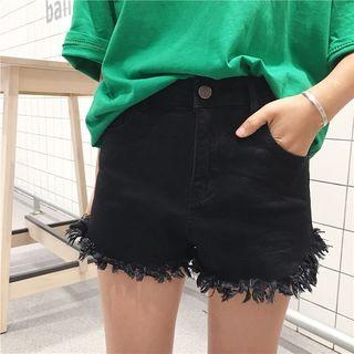 High-waisted Fringed Denim Shorts