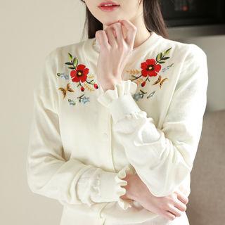 Flower Embroidered Crew-neck Cardigan