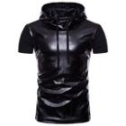 Short-sleeve Hooded Faux Leather Panel T-shirt
