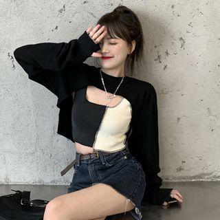 Two-tone Tank Top + Round-neck Cropped Sweatshirt