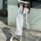 Spaghetti Strap Striped Midi Sheath Dress / Cardigan / Set