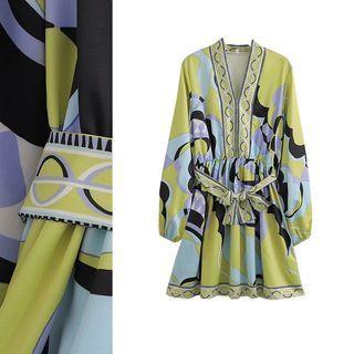 Long-sleeve Print Sashed Dress