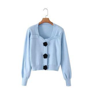 Lantern-sleeve Flower Applique Knit Top