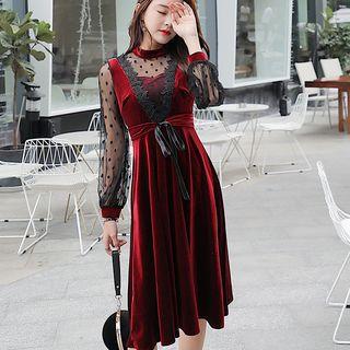 Long-sleeve Lace Trim Mesh Panel A-line Dress