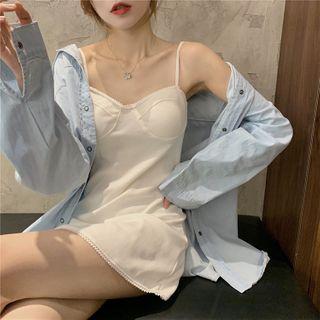 Plain Slim-fit Sleeveless Dress / Long-sleeve Denim Shirt
