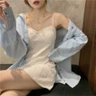 Plain Slim-fit Sleeveless Dress / Long-sleeve Denim Shirt