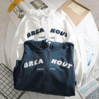 Long-sleeve Letter Applique Zip-up Hoodie