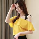 One-shoulder Ruffle Elbow-sleeve Blouse