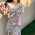 Puff-sleeve Floral Lace Panel Chiffon Mermaid Dress