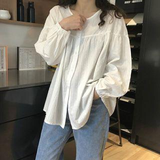 Plain Round Neck Long-sleeve Loose-fit Blouse