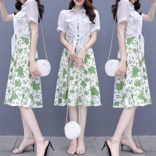 Set Of 2 - Floral Pattern One Piece + Plain Short-sleeve Shirt