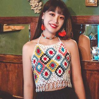 Flower Print Cropped Crochet Knit Halter Top