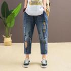 Cartoon Embroidered Ripped Cropped Jeans