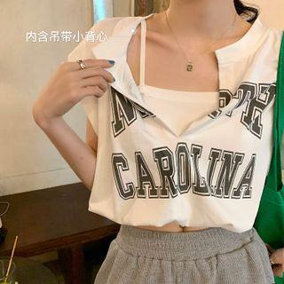 Short-sleeve Mock Two-piece Lettering Top