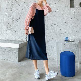 Set: Bell-sleeve Blouse + Midi A-line Pinafore Dress