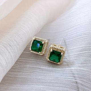 Rhinestone Cube Stud Earring 1 Pair - Gold & Green - One Size