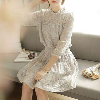 Gathered-waist Elbow-sleeve Plain Panel Lace Sheath Dress
