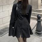 Long-sleeve Collared Mini A-line Dress Dress - Black - One Size