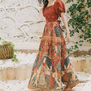 Balloon-sleeve Square-neck Printed Midi A-line Dress