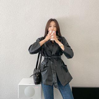 Single-button Faux-leather Blazer With Sash