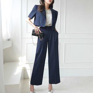 Set: Elbow-sleeve Double-breasted Blazer + Wide Leg Pants
