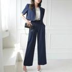 Set: Elbow-sleeve Double-breasted Blazer + Wide Leg Pants