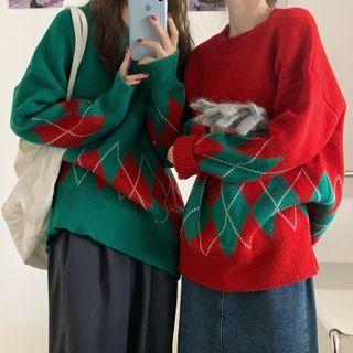 Long-sleeve Argyle Loose-fit Sweater