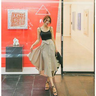Shirred Buttoned Asymmetric Midi Flare Skirt