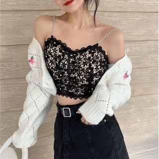 Cropped Lace Camisole Top / A-line Denim Skirt