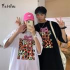Couple Matching Elbow Sleeve Leopard Lettering Print T-shirt