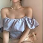 Off-shoulder Plain Cropped Blouse Blue - One Size