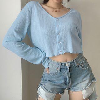 Long-sleeve V-neck Button Crop Top