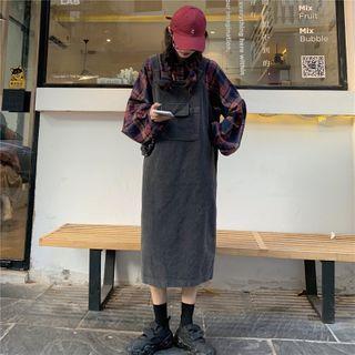 Plaid Shirt / Plain Midi Overall Dress