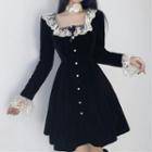 Long Sleeve Square Neck Lace-trim A-line Dress