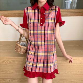 Short-sleeve Checker Polo Shirt Dress As Shown In Figure - One Size