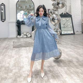 Long-sleeve Tie-neck Fringe Chiffon Dress