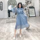 Long-sleeve Tie-neck Fringe Chiffon Dress