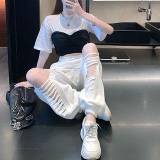 Elbow-sleeve Mock Two-piece T-shirt Black & White - One Size