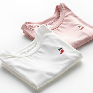 Cherry Embroidered Wood Ear Trim T-shirt