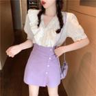 Lace Trim Ruffle Short-sleeve Blouse / Mini A-line Skirt