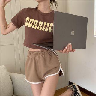 Short-sleeve Letter Embroidered T-shirt / Contrast Trim Shorts