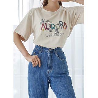 Letter Beaded Sequined T-shirt Light Beige - One Size