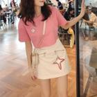 Set: Flower Print Short-sleeve T-shirt + Zip Detail Mini A-line Skirt
